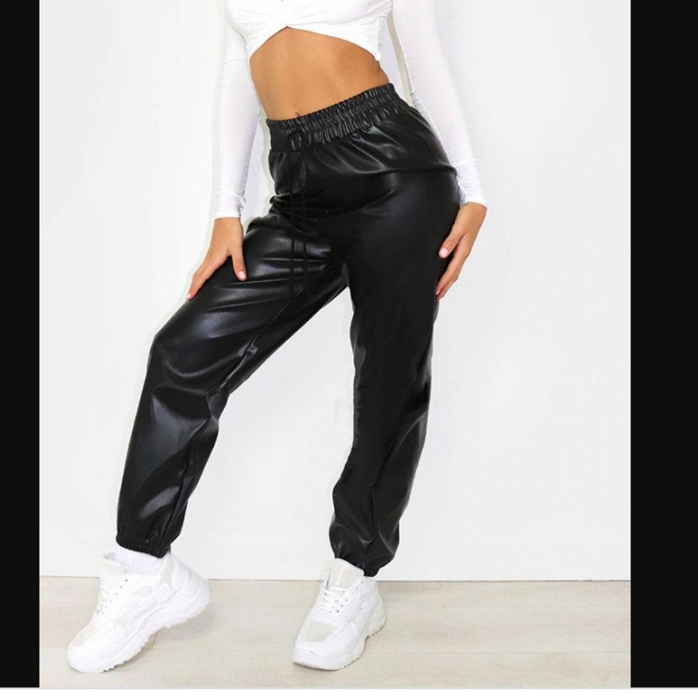 PrettyLittleThing Black Faux leather joggers US size 10 UK 14